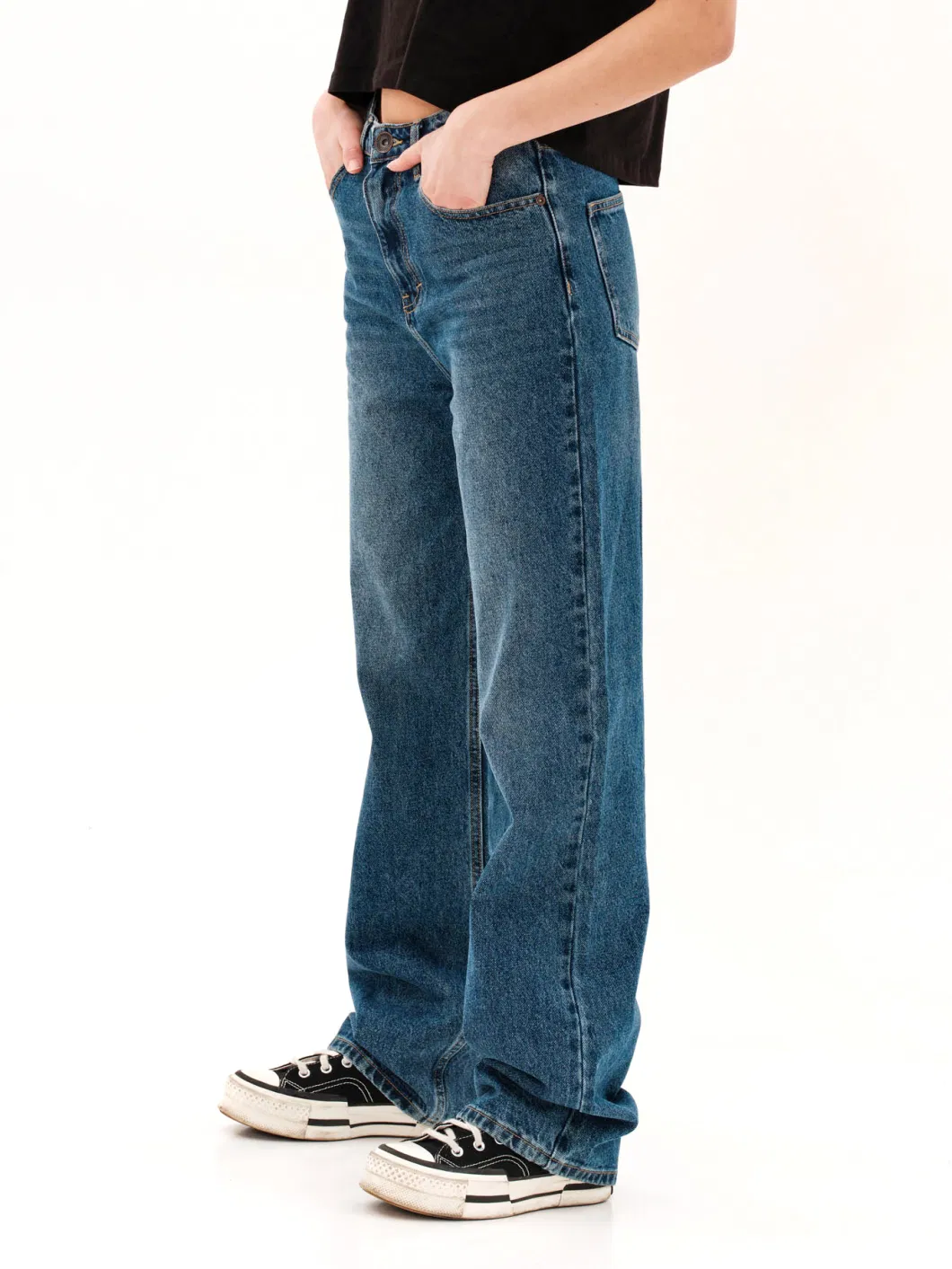 Ladies Cotton Denim Enzyme Wash Classic Blue High Rise Loose Fit Wide Leg Women Mop Jeans