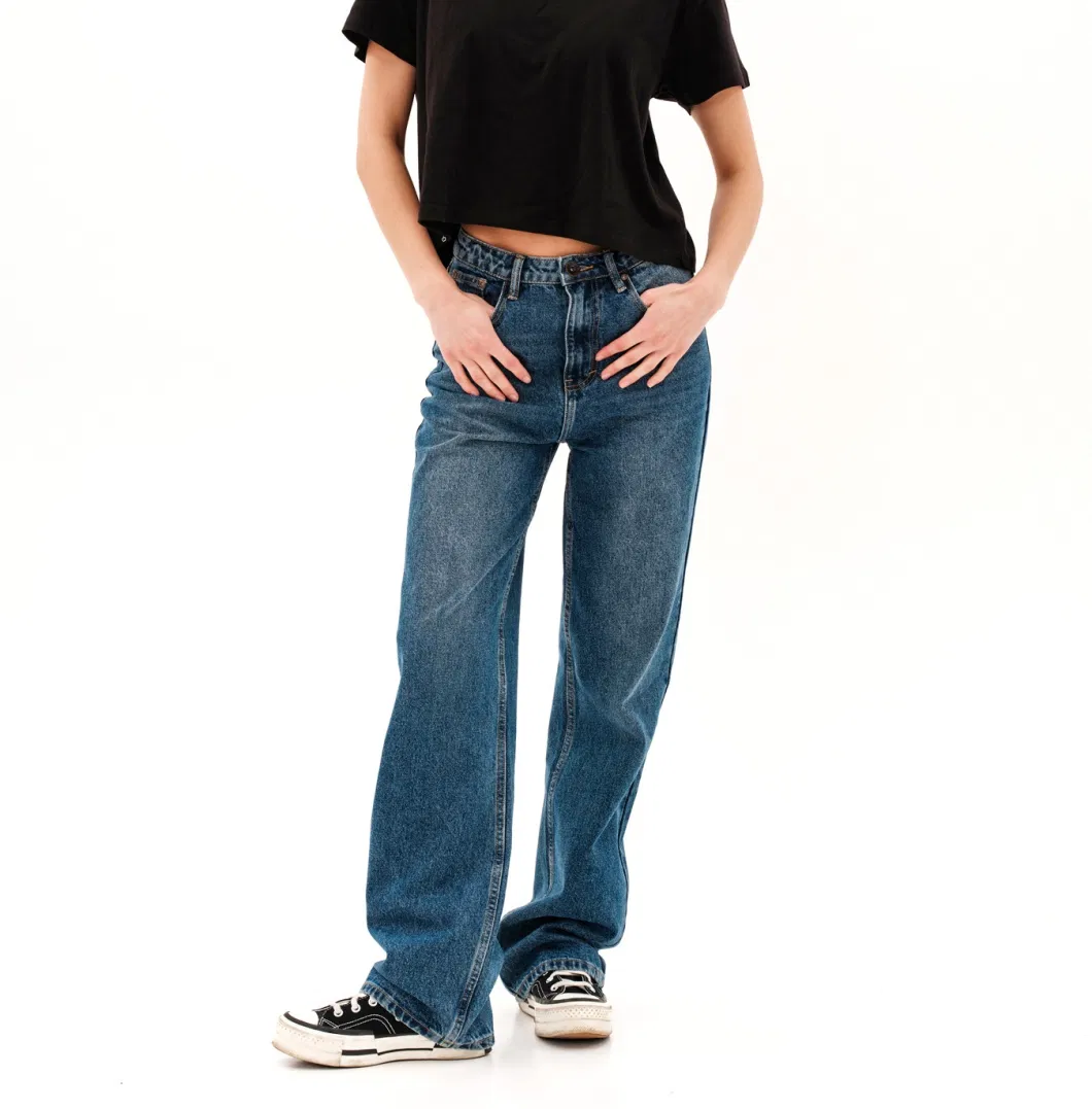 Ladies Cotton Denim Enzyme Wash Classic Blue High Rise Loose Fit Wide Leg Women Mop Jeans